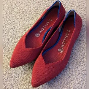 Rothy's Red Pointed Toe Flats with Blue Trim